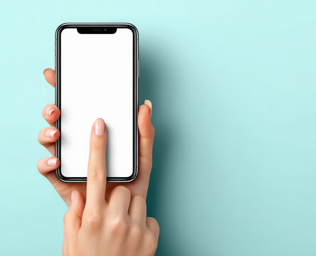 manos de mujer sosteniendo un smartphone se&ntilde;alando con el dedo indice a la pantalla en blanco con espacio vacio, sobre fondo verde menta pastel