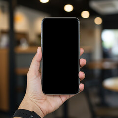 Hand Holding Mobile Phone Mockup in Blurred Cafe