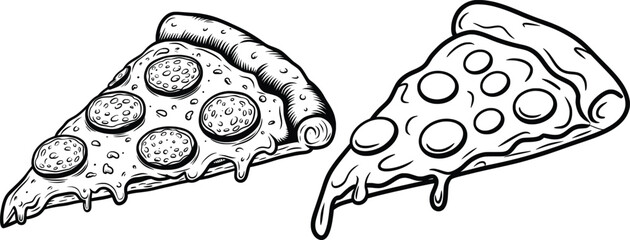 Pepperoni and Cheese Pizza Slices Line Art, Black and White Vector Food Illustration