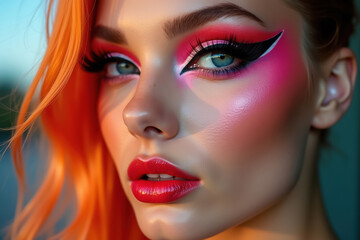  Close-up of a person with striking and vibrant makeup featuring bold red and pink shades. Intense eye expression and bright hair color enhance the dynamic visual impact.