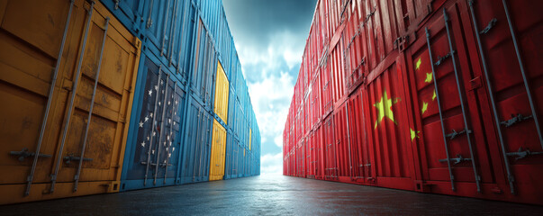 Shipping containers in blue and red symbolize trade tensions, with dramatic sky above, evoking sense of competition