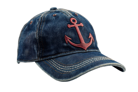 Stylish Denim Baseball Cap with Embroidered Anchor Deep Blue Red Stitching on transparent background
