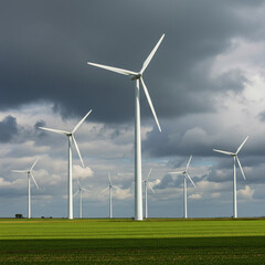 Fototapeta premium Group of Wind Turbines Against Dark Storm Clouds