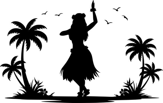 Hula Dancer Silhouette Flat Vector Illustration &mdash; Graceful Hawaiian Dance Pose, Palm Trees, Tropical Flowers, Grass Skirt, Lei &mdash; Hawaiian Culture Scene for Travel Poster