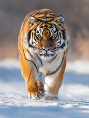 Obraz premium Majestic Tiger Walking Confidently Through Snowy Winter Forest Scene