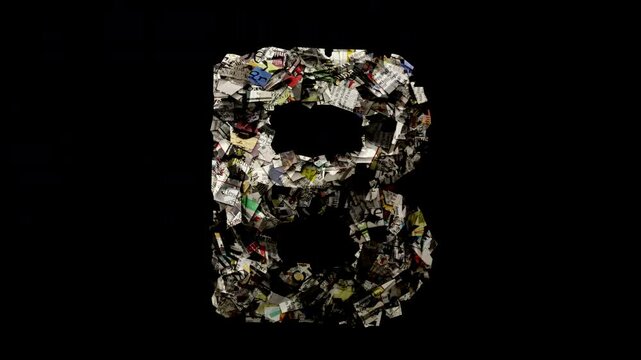 The lettter B with cut up newspaper isolated on black loop