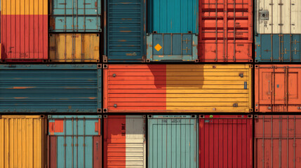 Fototapeta premium Colorful shipping containers stacked together create vibrant and industrial scene, showcasing various textures and patterns