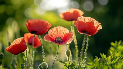 Obraz premium Bright Red Poppies in Sunlight with Soft Green Background