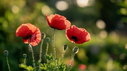 Fototapeta premium Vibrant Red Poppies Blooming in Soft Natural Light in a Garden