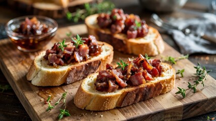 Bacon jam bruschetta on rustic wooden board with toasted crostini arranged diagonally, featuring caramelized bacon bits in dark jam, garnished with fresh thyme and extra jam bowl in soft window light