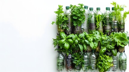 Vertical herb garden made from recycled plastic bottles on a white wall. Sustainable gardening and urban farming.