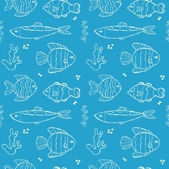 Seamless pattern with hand drawn light coloured doodle sea fish