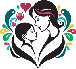 Modern Mother and Child Heart Logo with Colorful Flowers Art & Illustration
