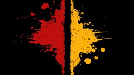A vibrant splash of red and yellow paint against a black background, creating a striking visual...
