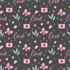 Seamless pattern with words Love and romantic elements. Printing on textile and paper.