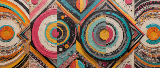 Vibrant abstract mural with geometric patterns in bright colors displayed in an urban art space during daylight Generative AI