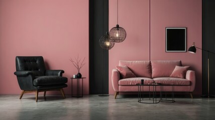 Pink living room interior, modern design, cozy, perfect for a photoshoot