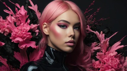 Fototapeta premium Pink hair woman in black bodysuit, surrounded by pink flowers, studio portrait
