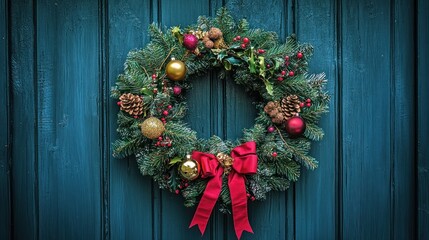 festive christmas wreath adorning a rustic blue door offers a welcoming seasonal greeting with a handcrafted touch and warm holiday spirit invitation