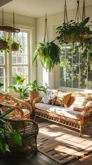 Fototapeta premium Bright sunroom with rattan furniture and hanging plants