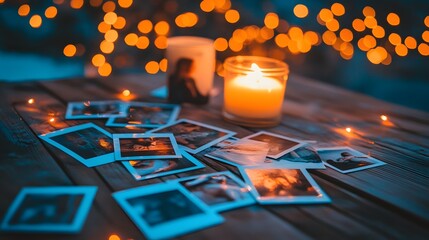 Sentimental Memories: A cluster of cherished photographs and the gentle glow of candlelight create a cozy scene. It is a reminder of personal connections and treasured moments.