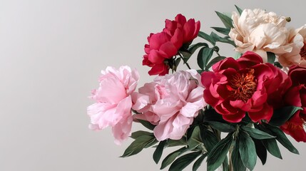 Obraz premium A bouquet of red, pink, and white peonies blooms on an isolated light gray background, and the three different shades of each flower show depth and visual interest.