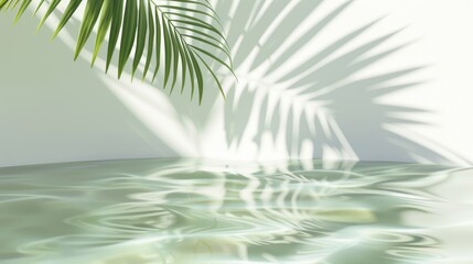 Palm leaf with shadow reflections on rippling water surface background with place for text. Minimalist tropical aesthetic