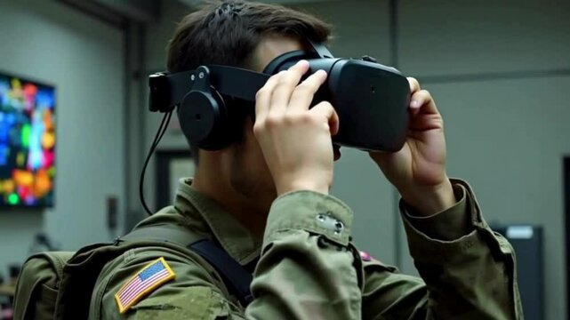 Military Person Using Virtual Reality Headset for Training