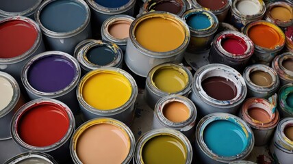 Fototapeta premium Colorful paint cans, workshop, various shades, close-up, home improvement