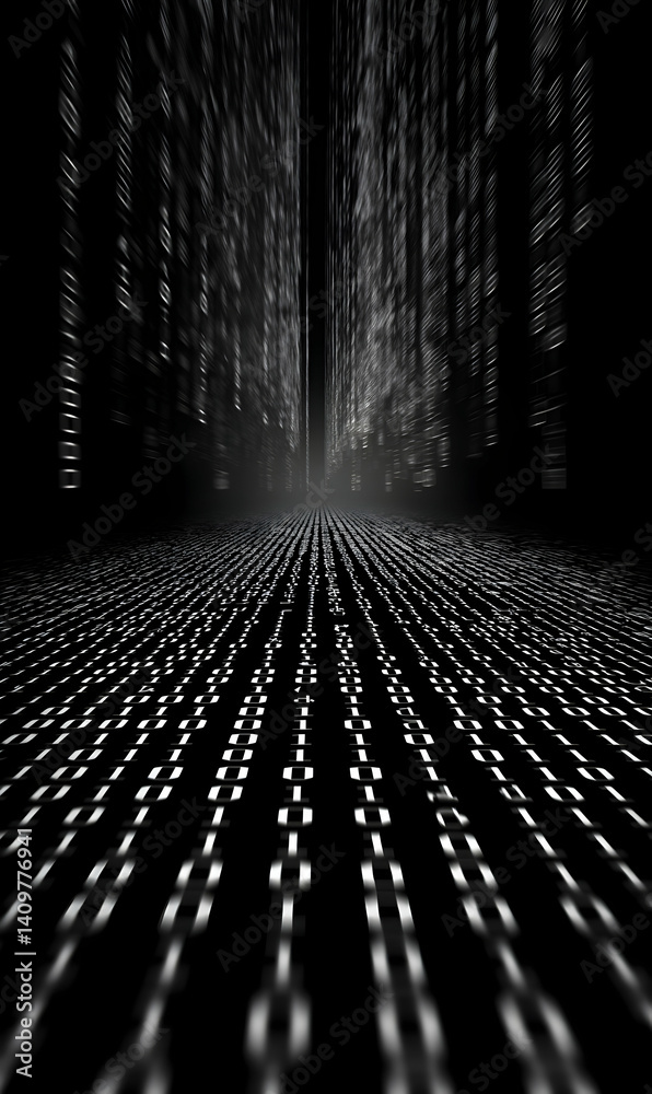 Poster abstract digital cascade of flowing white binary code in a dark ethereal space