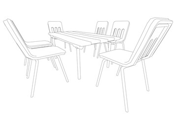 A black and white drawing of a table with four chairs around it. The chairs are all lined up and facing the table. The table is large and rectangular