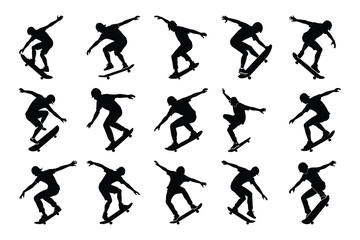 Silhouette set of skateboarders performing tricks and jumps, collection of black skateboarding action poses
