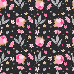 Seamless pattern with flowers, flowers and butterflies. Hand drawn vector illustration.