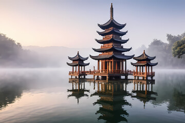 Fototapeta premium Tranquil pagoda standing in misty lake at dawn reflecting its serene beauty on calm water surface Generative AI