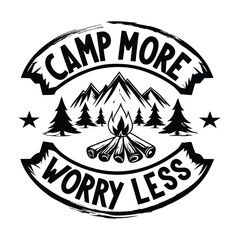 Camp More Worry Less Typography in Black with Mountains, Stars, Trees, Bonfire Art