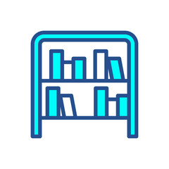 A blue bookshelf with many books on it. The bookshelf is blue and has a blue color