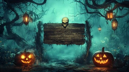 Spooky Halloween Display: A chilling Halloween scene unfolds with glowing jack-o'-lanterns, eerie lanterns, a skull, and a rustic wooden sign in a haunting forest setting.