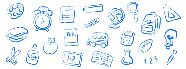 Hand-drawn school education doodles with learning tools, stationery, and classroom essentials in blue sketch style
