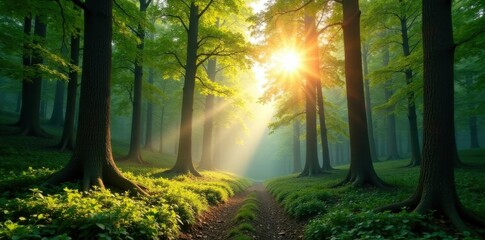 Obraz premium Panorama of a forest with sunlight filtering through the trees, woods, scenery, nature