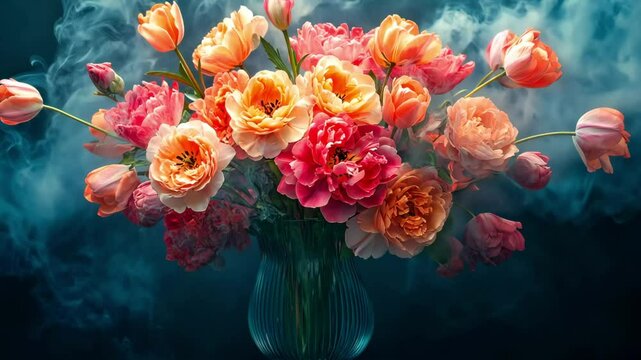Beautiful bouquet featuring vibrant tulips and roses arranged in an elegant glass vase in soft lighting
