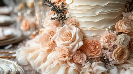 Exquisite wedding cake adorned with delicate peach roses for a celebratory occasion