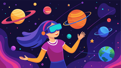 A girl using virtual reality technology to explore different environments and learn about space during an astronomy workshop.. Vector illustration
