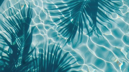 Tropical palm leaves reflecting on blue water surface background with light ripples, vacation concept