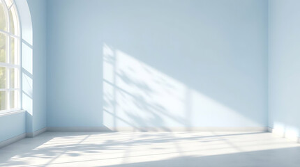 Obraz premium Empty blue room studio with shadow of leaves on concrete wall and floor for product presentation. Sunlight effect shadow. Minimal summer backdrop. Cosmetic, beauty and fashion showroom