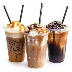 Three iced coffee drinks with toppings and straws on a white background