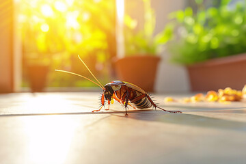 Close up of American Cockroach on Patio in Sunny Sunlight