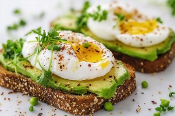 Delicious avocado toast topped with poached eggs and fresh herbs served on a plate