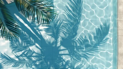 Luxury tropical swimming pool with reflecting palm leaves shadows on white tile and blue water surface, vacation concept