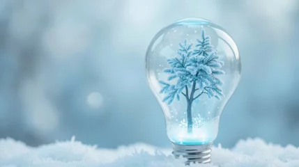 light bulb with snowy tree inside creates magical winter scene, evoking feelings of wonder and tranquility