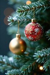 Fototapeta premium Gold ornaments draped over a frosted evergreen branch with snowflakes, holly, Christmas elements